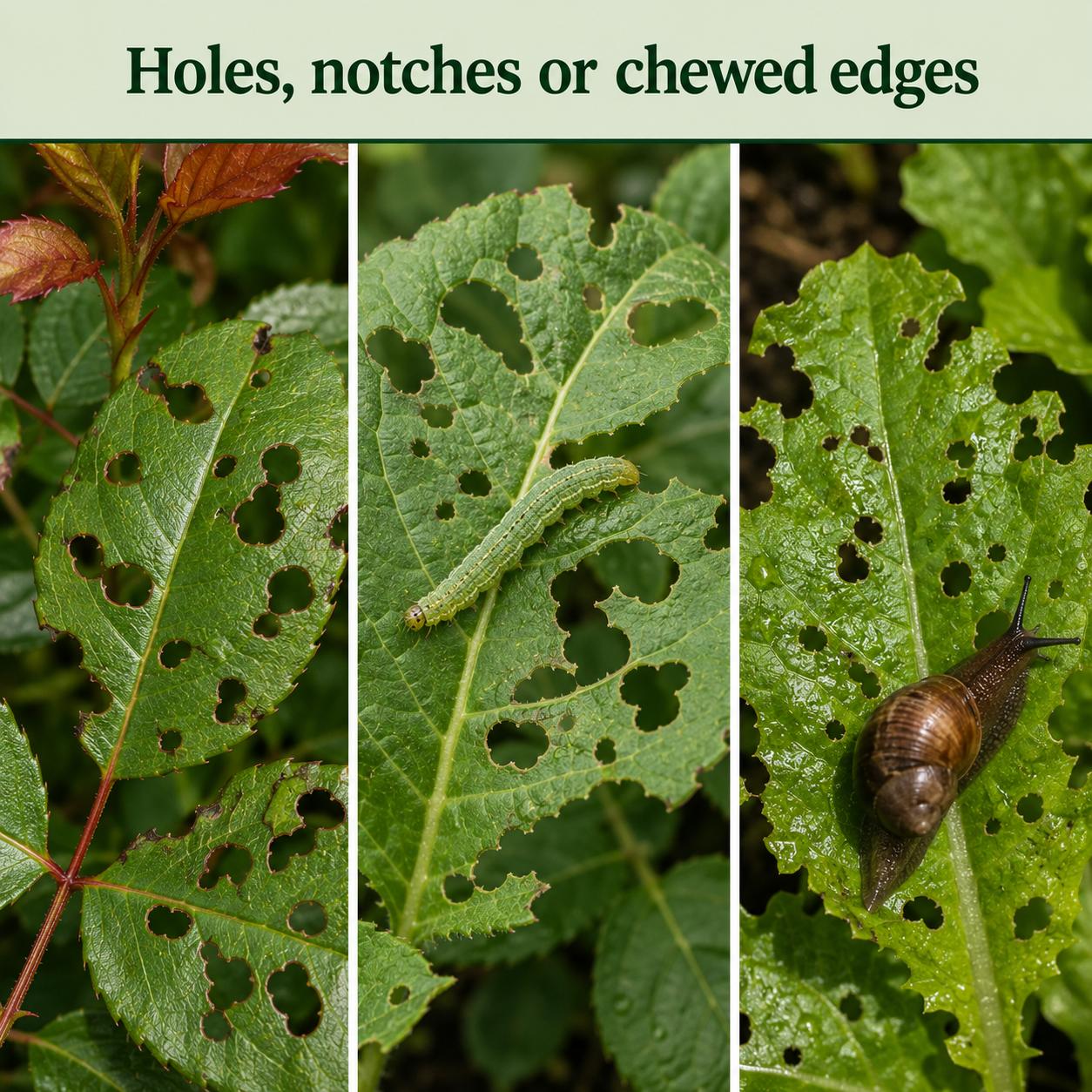 Holes, notches and chewed edges on plant leaves