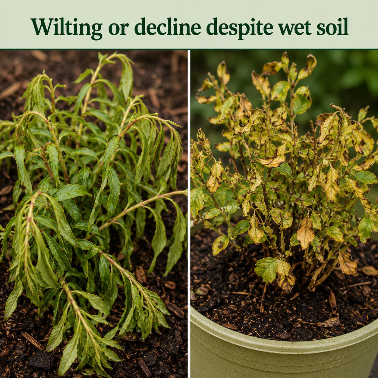A plant wilting or declining despite wet soil