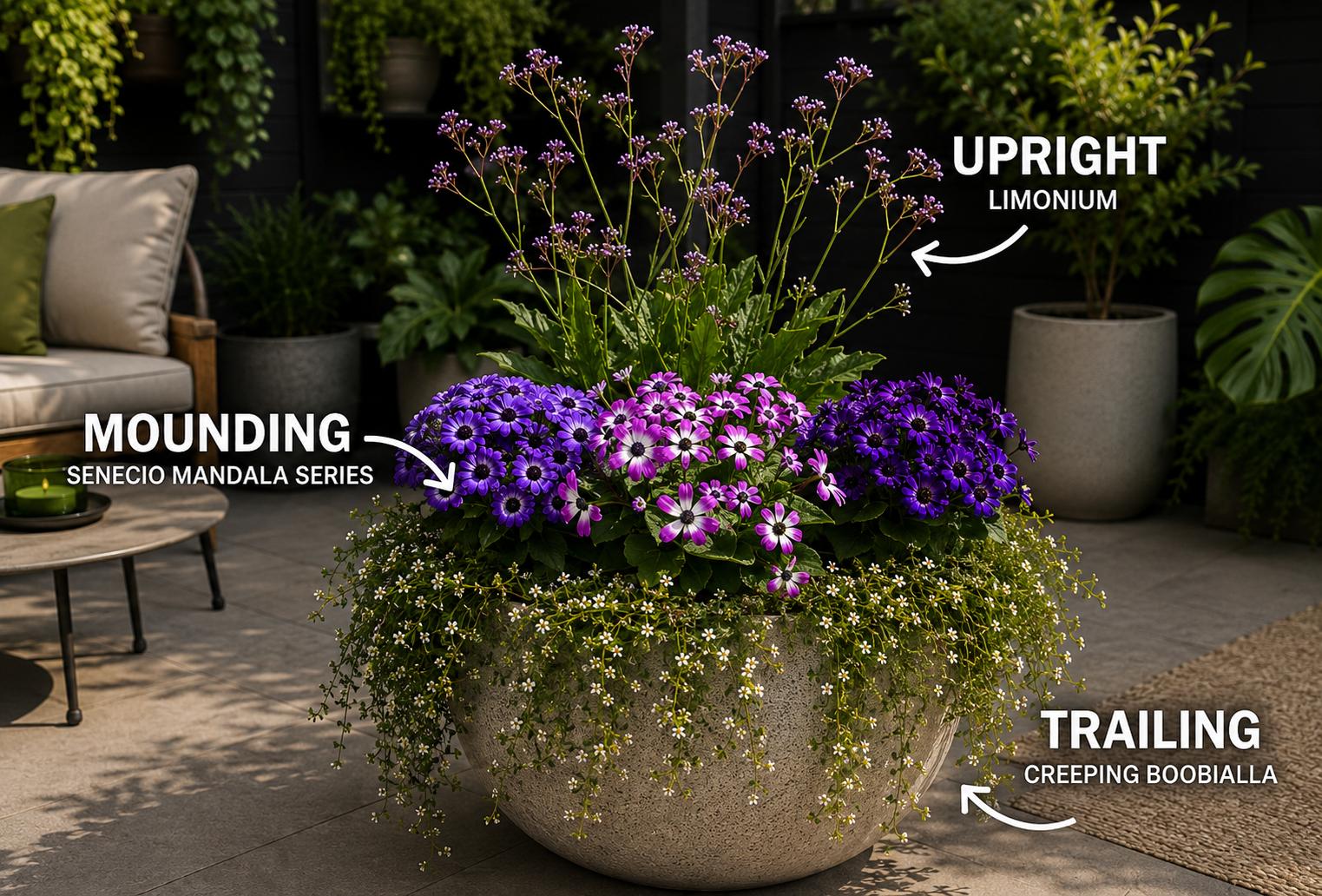 Concept illustration showing upright, mounding and trailing planting layers in a pot