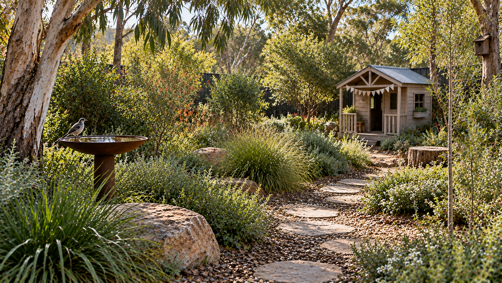 Native-style garden with dappled light, layered planting and a winding stone path